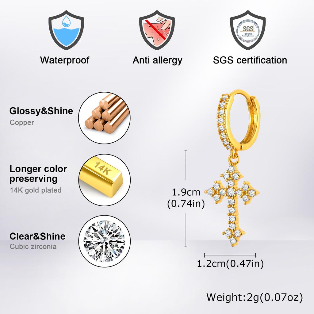Vnox Gothic Cross Hoop Earrings for Men Women, CZ Stone Punk Jewelry, Unisex Hip Hop Rock Dangle Earrings Gift Valentine's Day