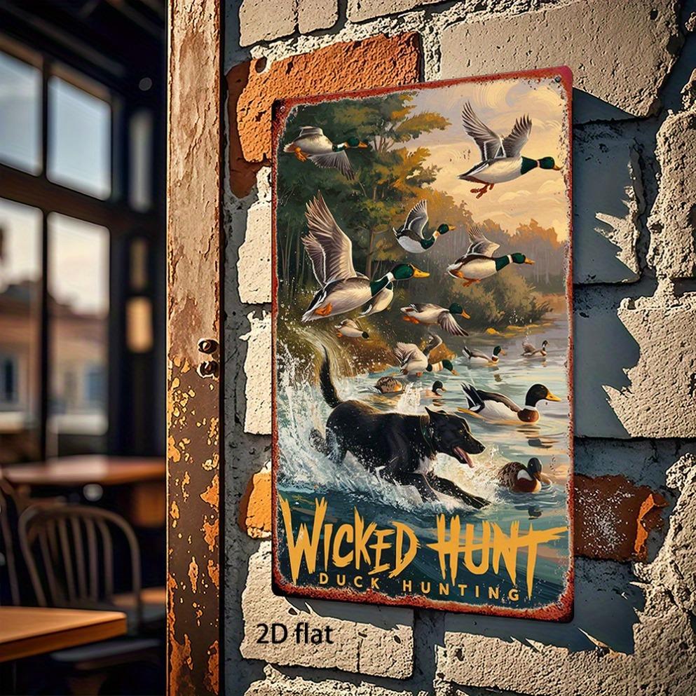 2D Flat Vintage Hunting Duck Metal Wall Art - Wild Duck & Dog Decor, Rustic Farmhouse Iron Sign, for Hunting Cabin/man Cave