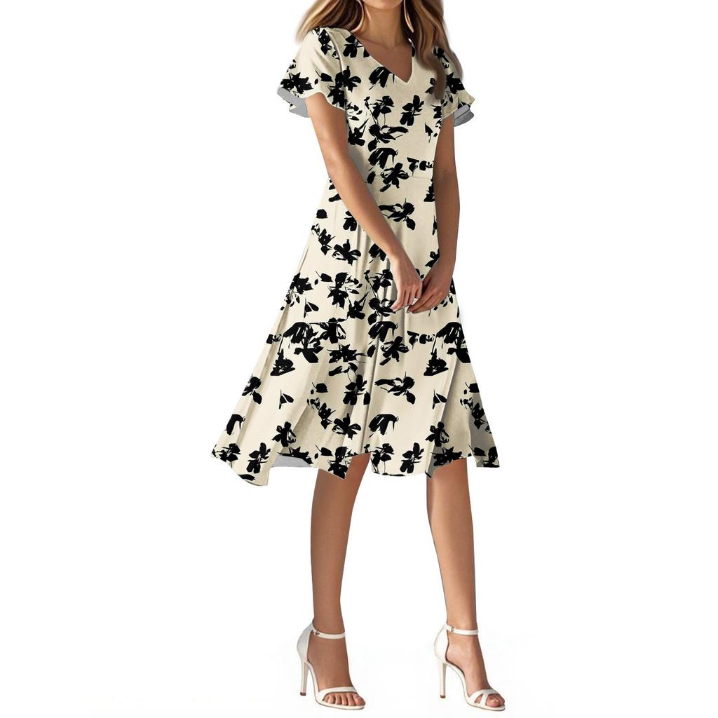 Women's Summer Casual Fashion Flower Print Dress V Neck Short Sleeve Short Skirt