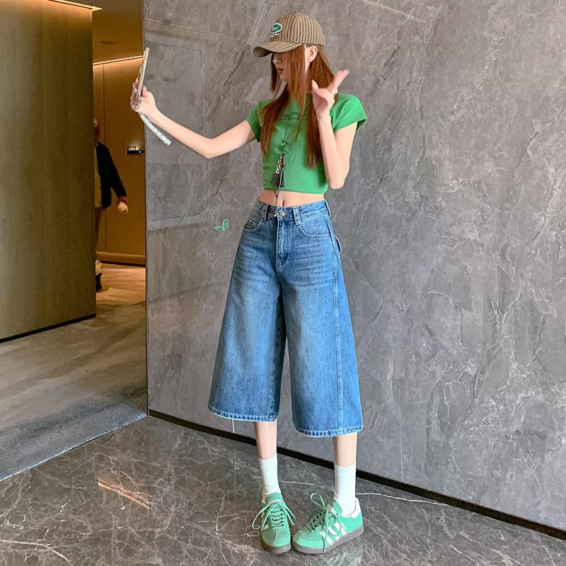 Women High Waist 6-Point Wide Leg Denim Shorts Summer Loose Baggy Capri Jeans Casual Relaxed Denim Culottes