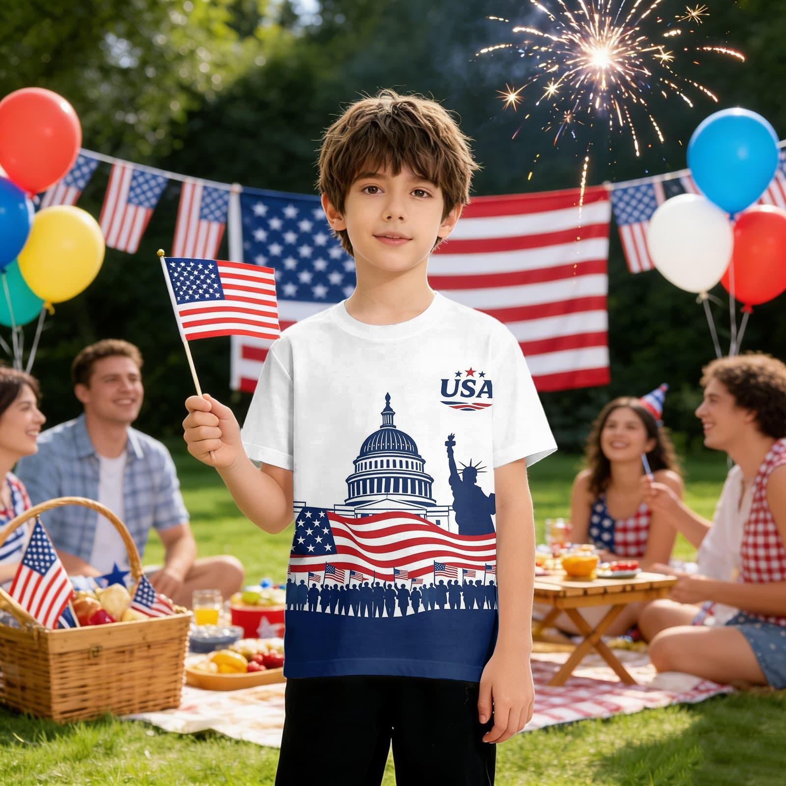 Детская повседневная футболка с принтом ко Дню независимости, с круглым вырезом и коротким рукавом 130