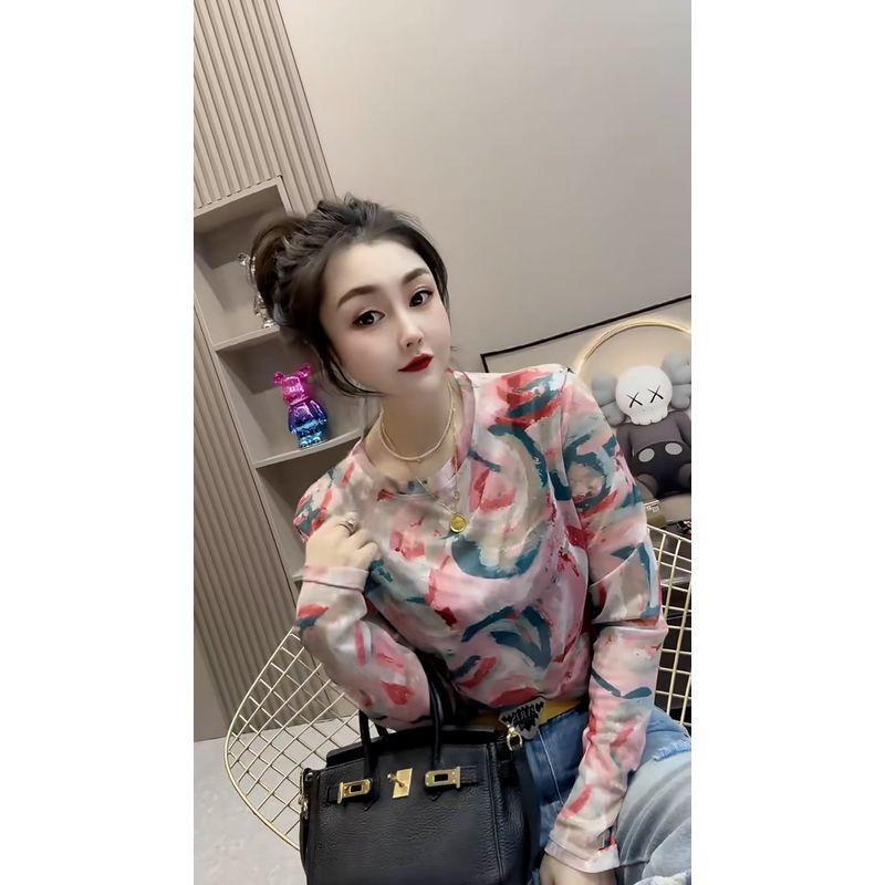 

Новая футболка с длинными рукавами из сетки в национальном стиле с китайской живописью тушью, женская летняя тонкая прилегающая базовая футболка из ледяного шелка для защиты от солнца Pink 3XL