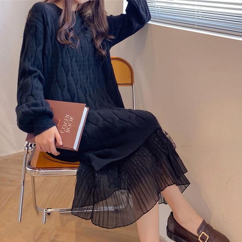 Gentle wind splicing fake two-piece sweater skirt women's autumn and winter twist loose base medium and long a-word dress