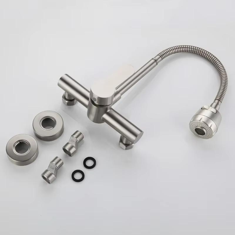 Baterie de bucătărie rotativă pentru balcon, baterie caldă și rece se instalează în orificii duble din oțel inoxidabil și perlator cu 2 viteze