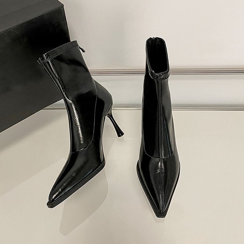 High-heeled Pointed Short Boots Women's Thin-heeled Back Zipper 2025 New Autumn and Winter Black Patent Leather Premium Thin Boots