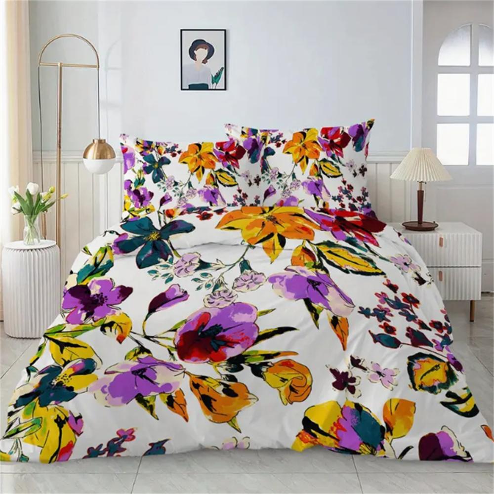 

3 pcs Purple and Orange Flowers Printed Bedding Set Elegant Design Duvet Cover Set Suitable for All Seasons EU Single 135x200cm