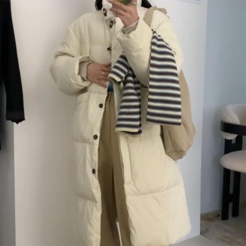 Design down jacket women's long 2024 new Korean version stand-up collar high-end horn buckle down jacket