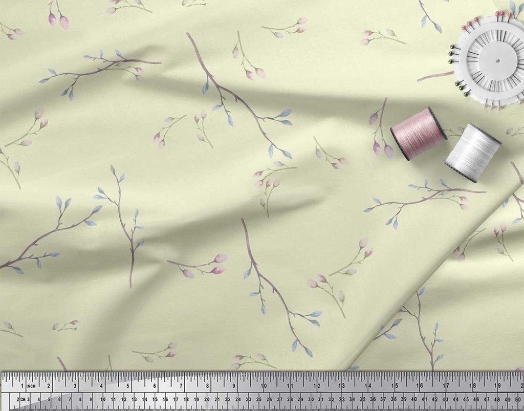 Soimoi Japan Crepe Satin Fabric Leaves & Buds Flower Print Fabric by the metre 42 Inch