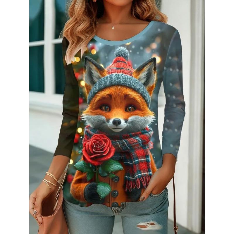 Autumn and Winter Women's Animal 3D Printed Crew Neck Long Sleeve T-Shirt