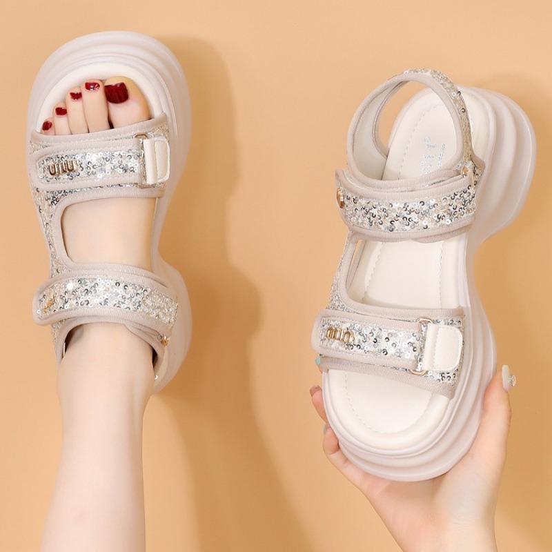 Sports Sandals Women's Summer New Heightening Velcro Sweet Sequins Casual Platform Beach Shoes