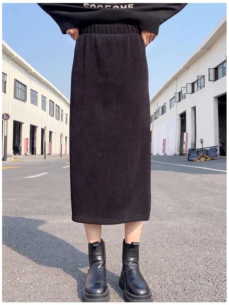 Black Corduroy A-line Skirt for Women - 2025 Autumn/Winter, Plus Velvet & Thick for Extra Warmth