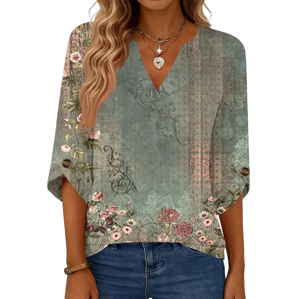 Womens V Neck Loose Fit Blouse with Floral Print Three Quarter Sleeve Button Casual Top for Daily Wear