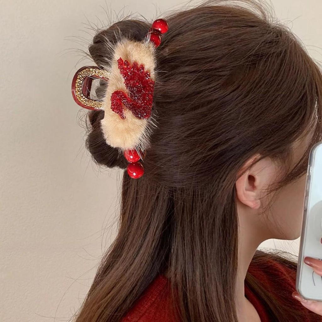 2025 New Year Red Plush Pearl Claw Clip - Stylish Women's Shark Hairpin Accessory for Buns and Hair Styling