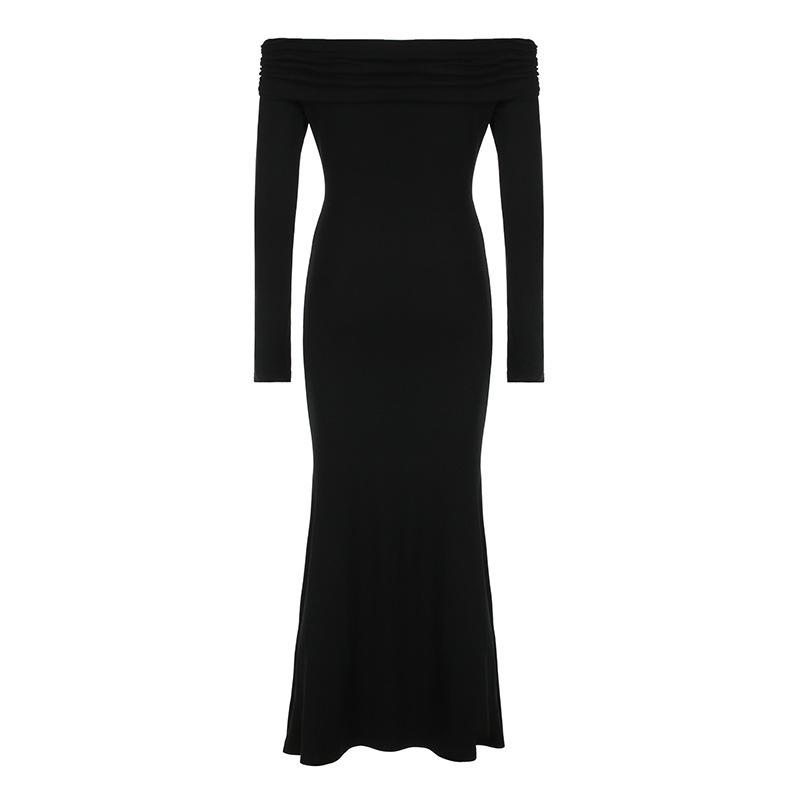 Elegant French Lace One-Shoulder Fishtail Knit Dress - Slim-Fit Waist-Cinching Long Gown for Women