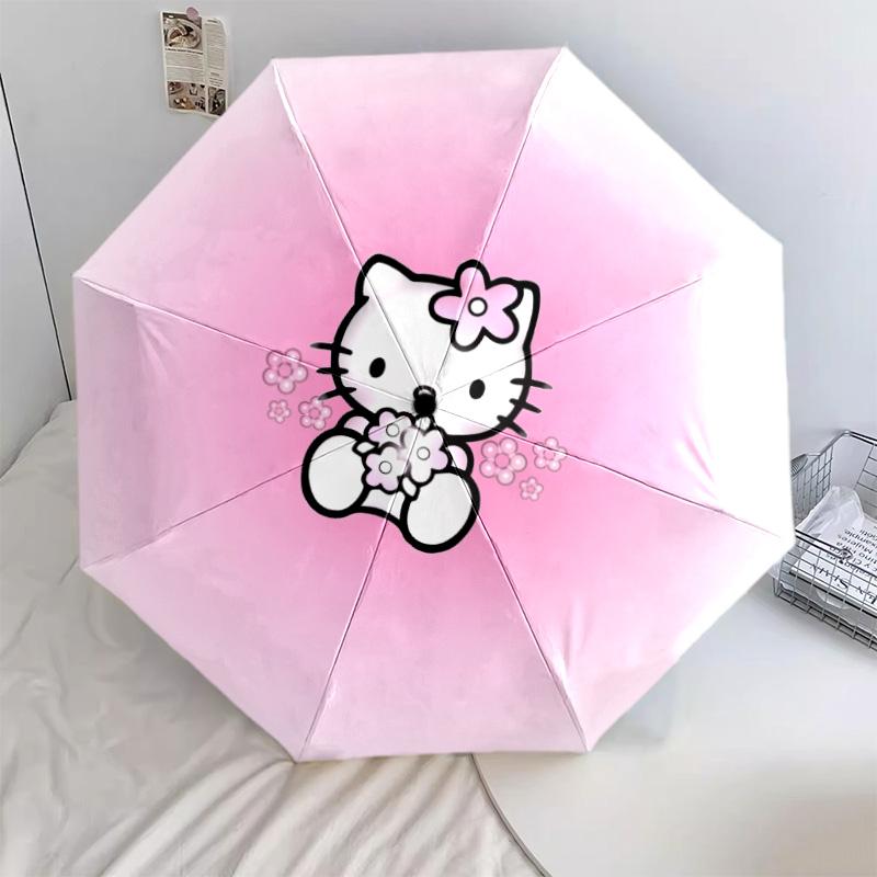 Ombrello pieghevole automatico con motivo Hello Kitty su sfondo sfumato, design portatile e pieghevole, 8 stecche, un regalo di Natale o di compleanno.