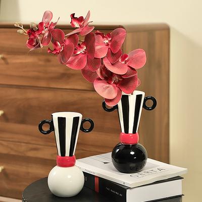 Vaso de Cerâmica Geométrico Binaural Listras Listras Verticais Preto e Branco Vaso de Flores Terrário Acessórios de Decoração para Casa