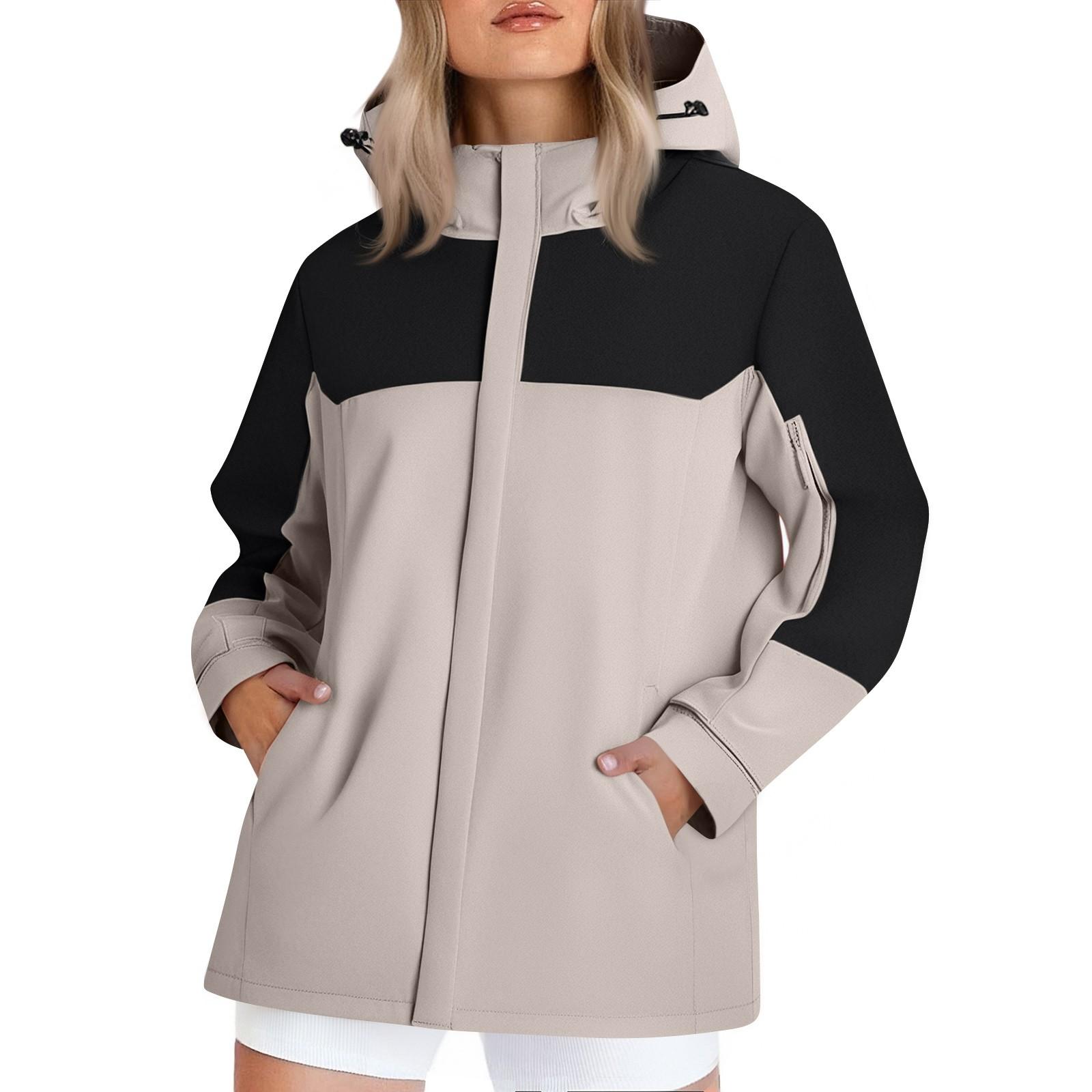 

Женская модная куртка для бега и спорта на открытом воздухе с длинными рукавами, капюшоном, тонкая, водонепроницаемая, с цветными блоками, куртка-субмашина L бежевый