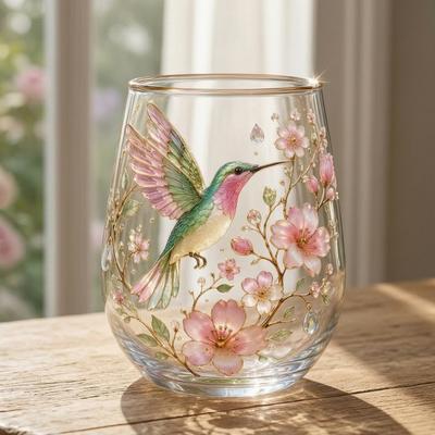 Hummingbird Morning Glass Cup, Whiskey Tumbler Glass, Heat Resistant Floral Design Wine Glass for Home Bar