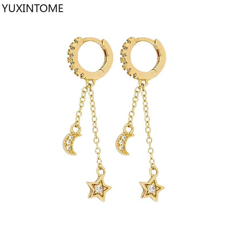 925 Silver Needle Heart Double Chain Tassel Drop Earrings For Women Star Zircon Long Chain Hoop Earring Fashion Jewelry