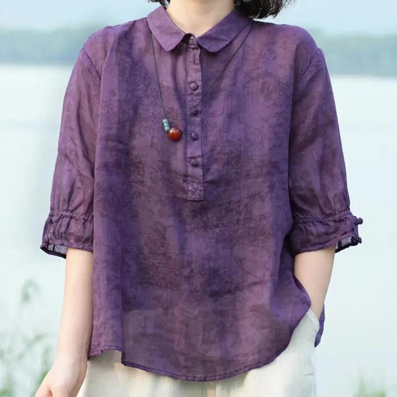 Women's Shirt Half Sleeve Lapel Loose Fit Thin Shirt Tops Buttons Neckline Pullover Tops Jacquard Print Solid Color