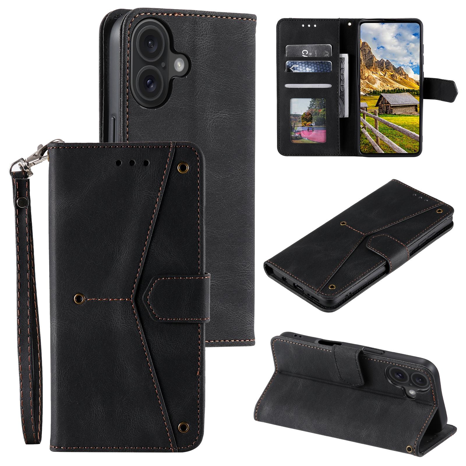 

For iPhone 17 Leather Case Splicing Stitching Wallet Phone Cover with Wrist Strap Black
