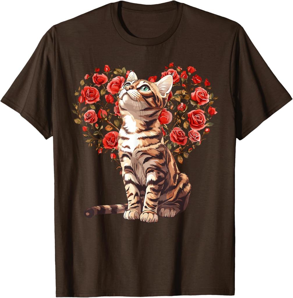 Bengal Cat Heart Rose Floral T-Shirt Cute Cat Lovers Casual Daily Graphic Tee