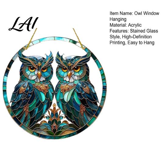 Sunlight Shadow Display Double Owl Suncatcher Window Hanging Ornament Stained Glass Style Circular Wall Colorful Animal Art Decor Green for