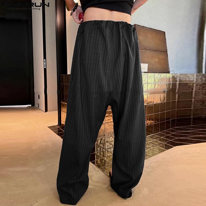 INCERUN Men Drawstring Belt Waist Striped Casual Drop-crotch Pants Long Trousers