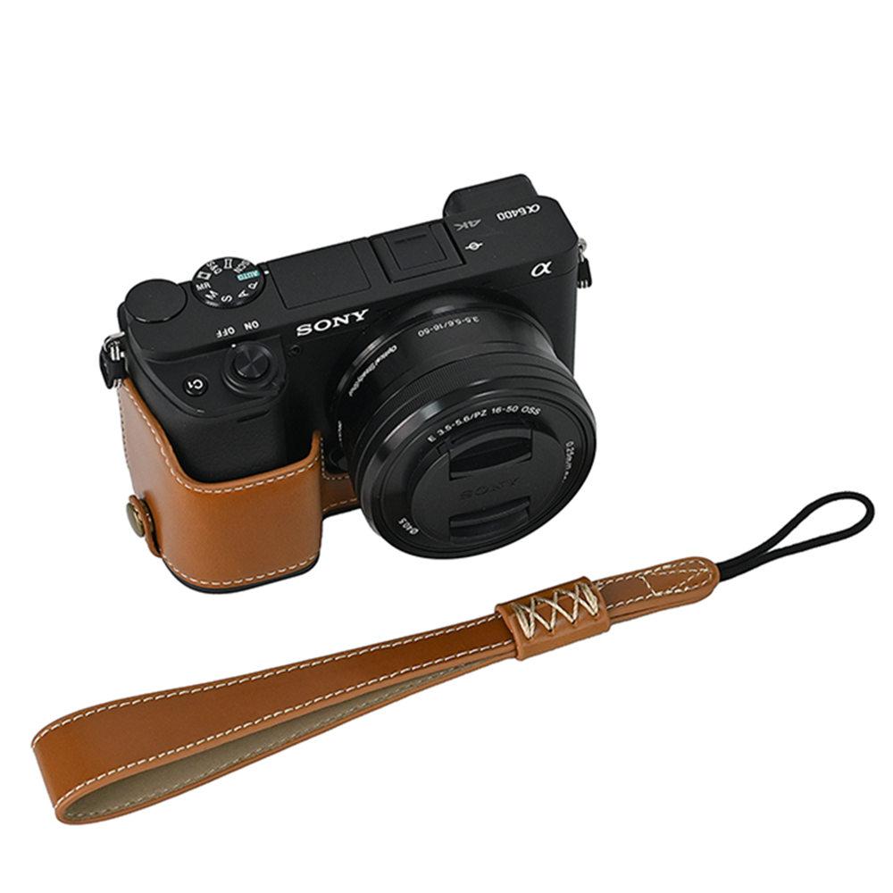 Ölleder PU Leder Kamera Halbkörpergehäuse Für Sony A6400 A6300 A6000 A6100 Batterieöffnung Bodenabdeckung Mit Handschlaufe