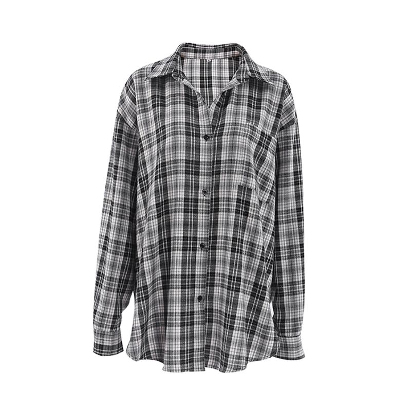 

European and American Leisure Unisex Style Gingham Shirt Women s Collar Long Sleeve Thin Shirt 2025 Gray(Gingham Shirt) M(Suggested 52.50 kg-57.50 kg)
