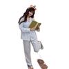 2026 Women's Blue Plaid Cotton Pajama Set - Cute Bear, Long Sleeve, Spring & Autumn