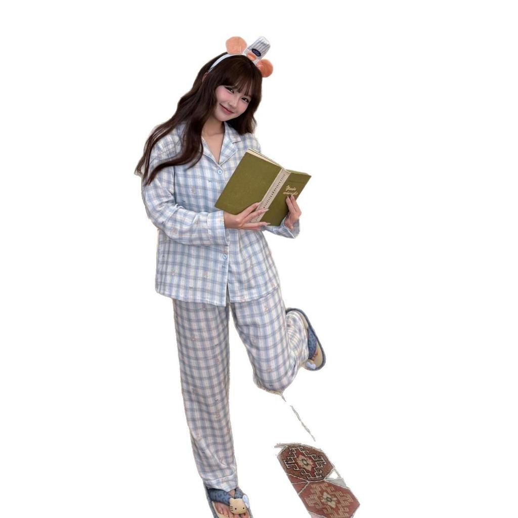 2026 Women's Blue Plaid Cotton Pajama Set - Cute Bear, Long Sleeve, Spring & Autumn