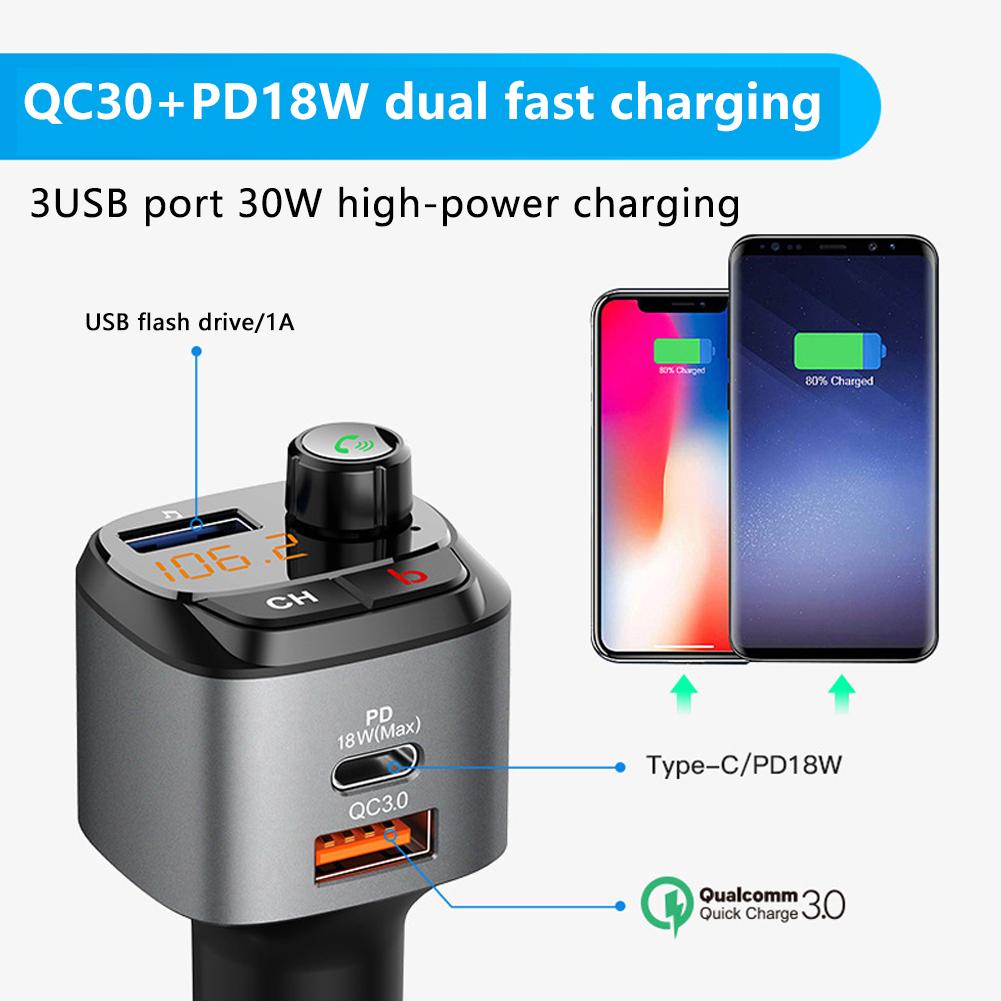FM Transmitter Bluetooth 5.0 Car Handsfree Audio MP3 Player Adapter USB 18W Quick Charging Type-C FM Modulator