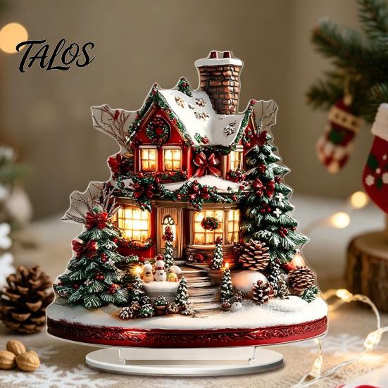 Retro Christmas House Centerpieces Acrylic Table Decoration, Double-sided Winter Snow Village/Candle/Teapot Ornament European Style Ornaments