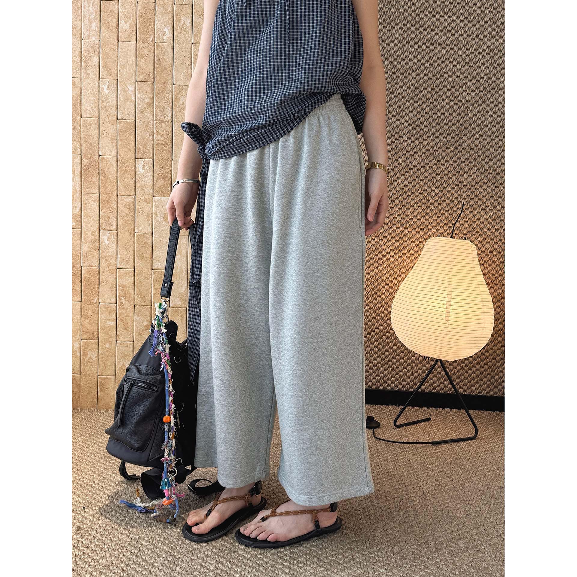 

Louvre Spring Korean Simple Wide-Leg Elastic Waist Cropped Pants for Women One Size серый