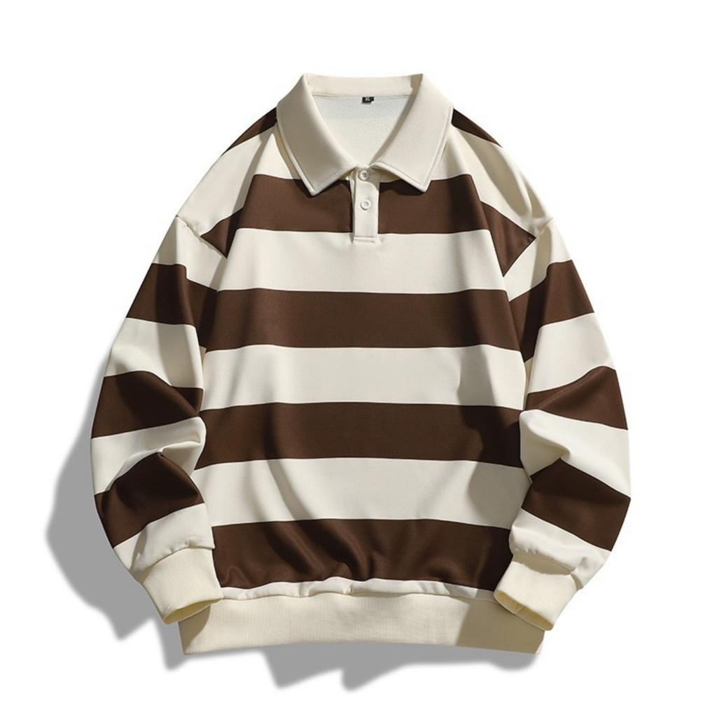 Spring Autumn New Fashion Loose Striped Pique Polo Shirt for Men Women, Trendy Hong Kong Style Streetwear