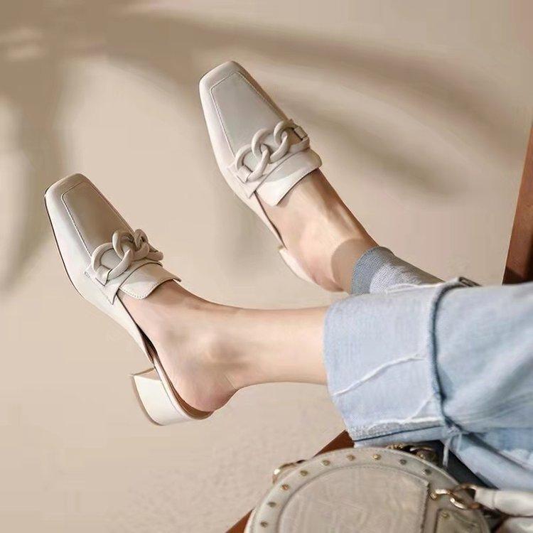 Square Head New Summer Bag Head Half Slippers Cool Slippers Fashion Casual Temperament Medium Heel White Muller Thick Heel