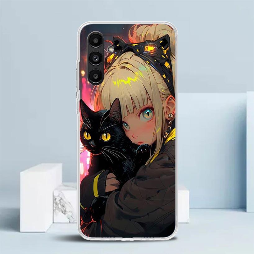 Anime Girls Cute Black Cat Phone Case For Samsung Galaxy A17 A37 A57 A16 A15 A14 A13 A56 A55 A54 A53 A36 A35 A34 A33 A26 A25 A24