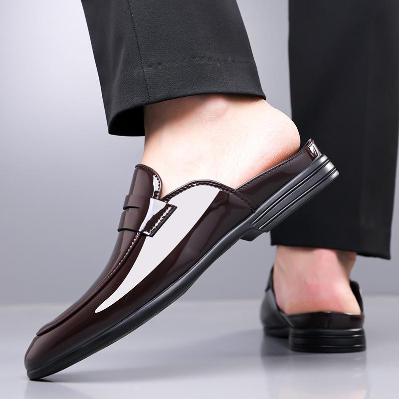 Fashion Men's Business Casual Shiny Leather Shoes Pointed Toe Formal Shoes Male 2025 Summer Autumn New Half Slippers Shoes for Man