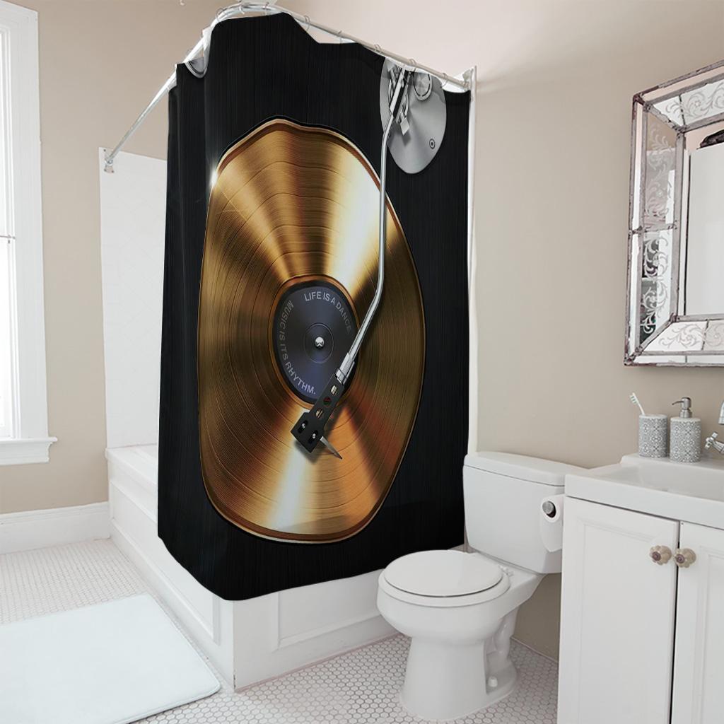Vintage Gold Schallplatten Duschvorhang, Retro Musikliebhaber Plattenspieler Badezimmer Dekor, Coole DJ Studio Ästhetik Badvorhang