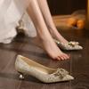 2025 New Hampagne Color Flat Shoes Female Pointed Autumn Summer New Silver Low Heel Rhinestone Wedding Bridal Shoe Pumps