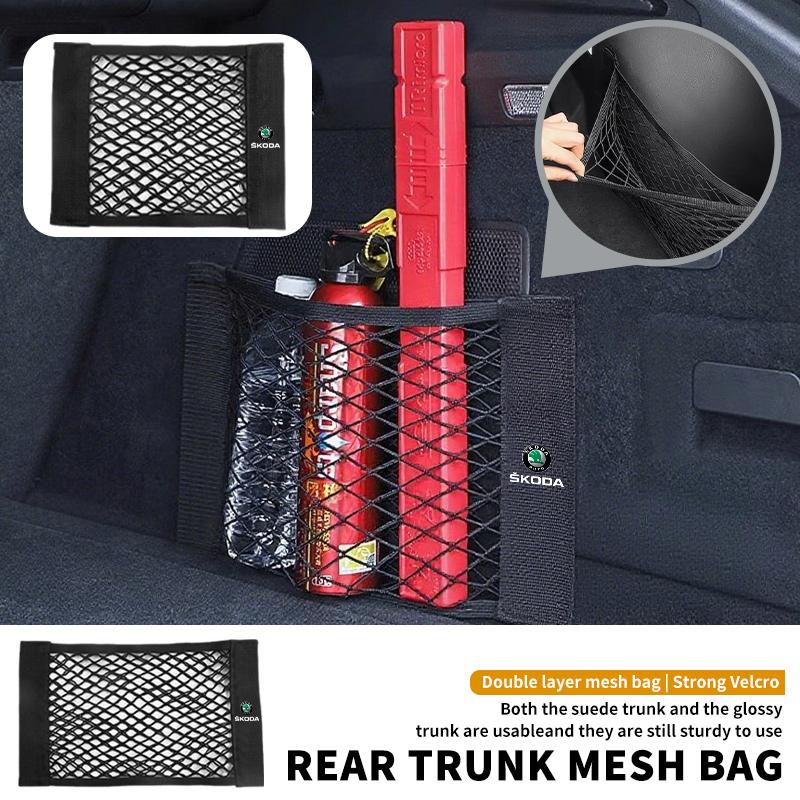 AAABT1 For Skoda Car Trunk Net Pocket Mesh Bag Storage Holder Auto Interior Accessories Kamiq Karoq Octavia 2 3 Rapid Scala Kami Fabia