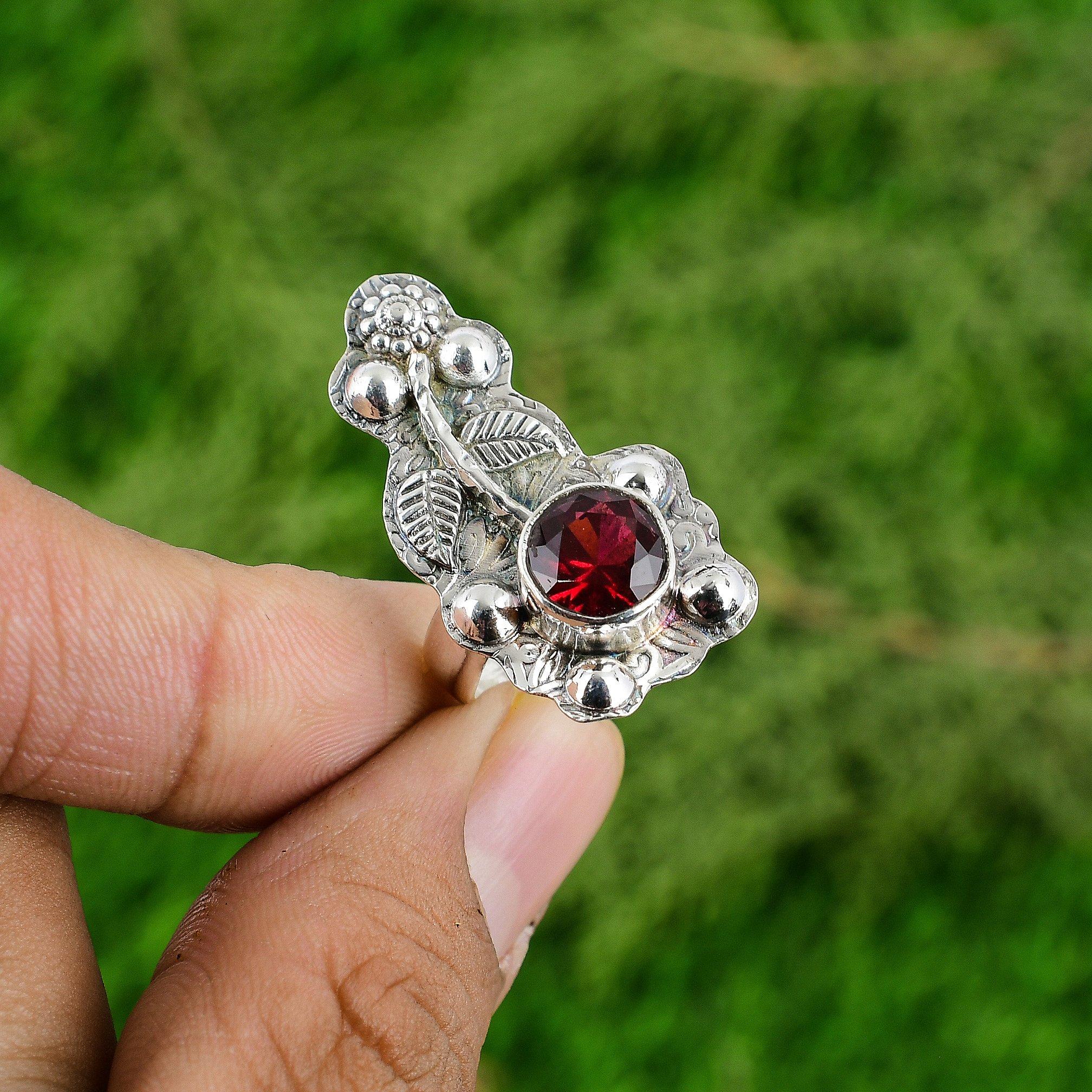 

925 Sterling Silver Mozambique Garnet Gemstone New Stackable January Flower Ring Adjustable