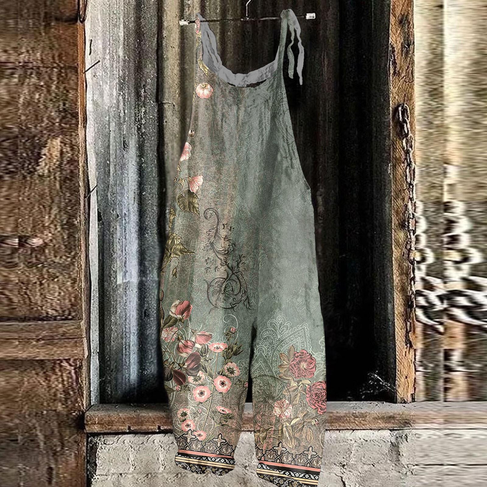 

Женский комбинезон с цветочным принтом, повседневный свободный винтажный комбинезон из хлопка и льна S