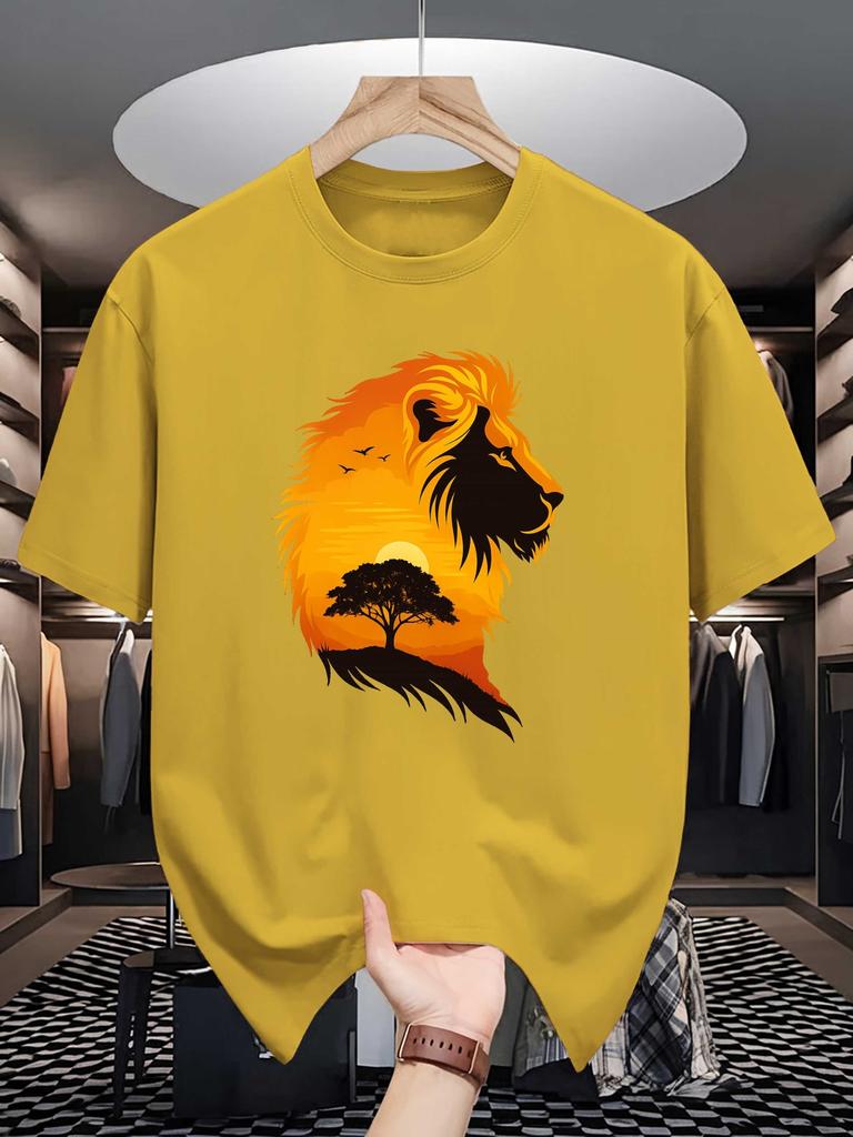Unisex Crew Neck Tee Wild Lion Sunset Nature Art Graphic Print Soft Cotton Loose Short Sleeve Summer Casual Male Streetwear Tops