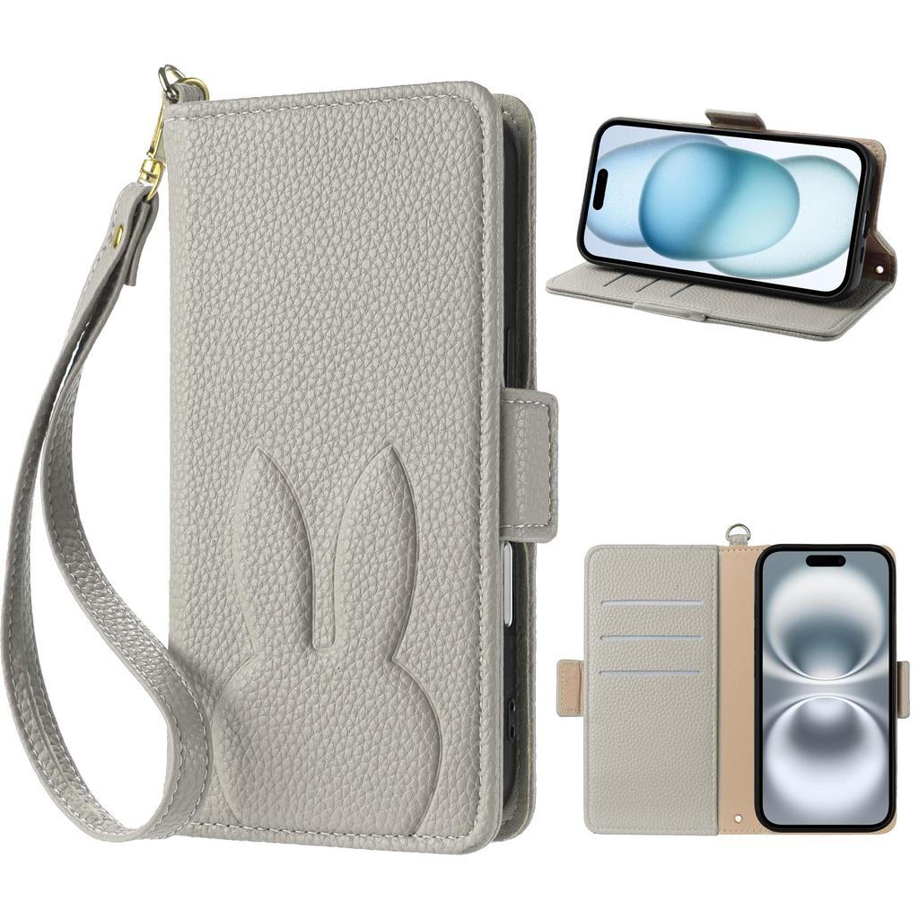 Carina custodia a portafoglio in pelle con coniglio e fiore 3D, supporto per telefono, per iPhone 17 Air 16 15 PM 14 13 12 11 Pro Max XR XS SE 16e 6 7 8 Plus, slot per schede, cover a libro