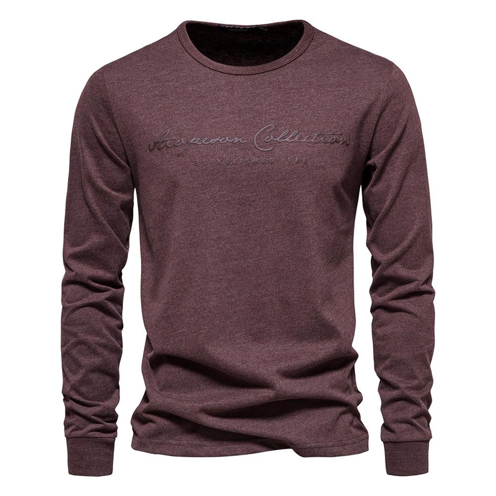 Men's Long-sleeved New Solid Color T-shirt, Casual Sports Round Neck Pure Cotton Letter-printed Long-sleeved Bottoming Shirt