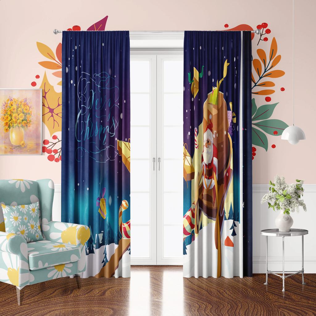 2 pieces - Gift giving Santa Claus Christmas Print curtain - Polyester material - suitable for bedroom   living room   study