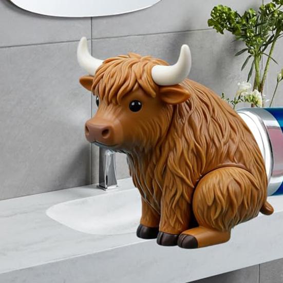 Highland Cow Toothpaste Topper Funny Animal Shape Toothpaste Cap Pooping Cow Toothpaste Dispenser for Family Dorm Bathroom Decor