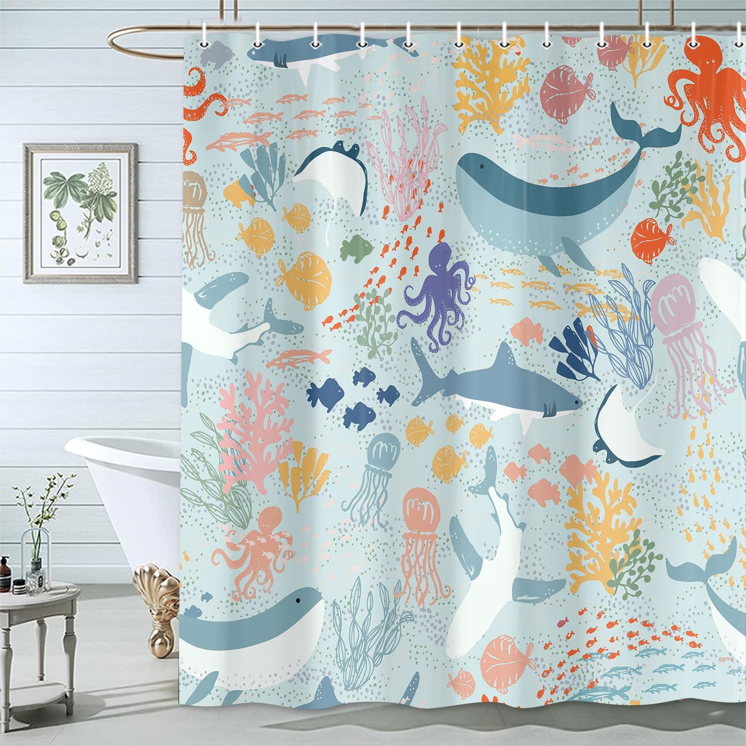 

Shark & Ocean Fish Abstract Shower Curtain, Blue Boho Underwater Animal Kids Cartoon Bathroom Decor 90x180CM
